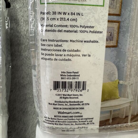 Set of 2 Better Homes&Gardens 38"x84" Sheer Panel White Embroidered Curtain Rod - Picture 3 of 5